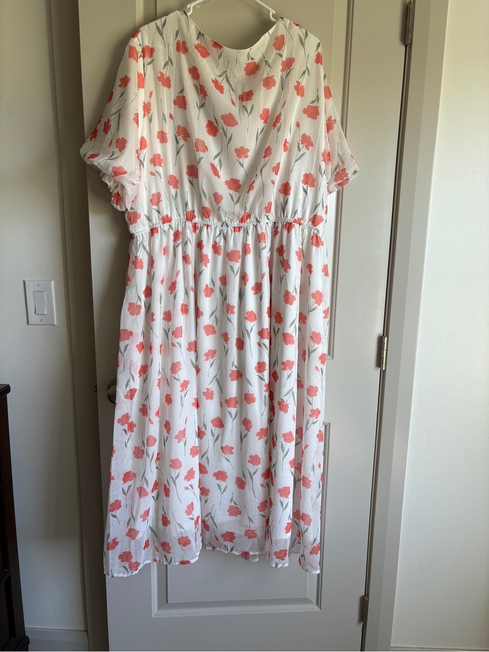White Women’s Floral Dress with Coral Pink Flowers